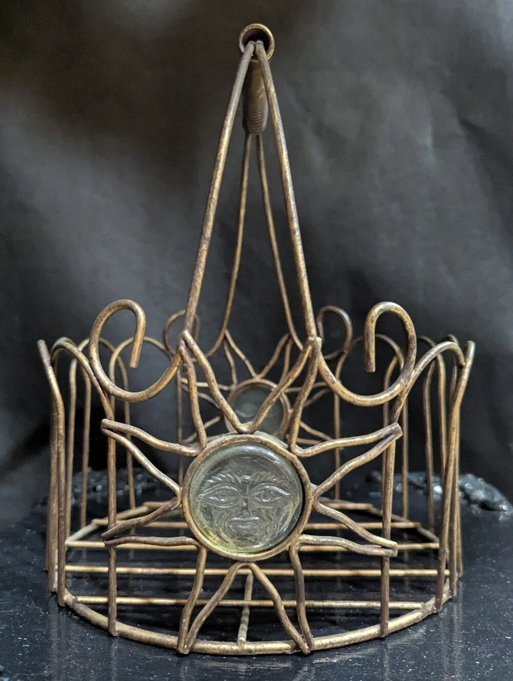 Vintage Celestial Sun Sunburst Wire Basket - Bronze Tone